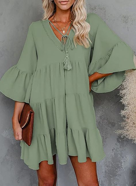 Dress With Ruffles, Ruffles Fashion, Babydoll Style, Form Fitting Dress, Different Dresses, Super Cute Dresses, Midi Dress Casual, Knee Dress, Green Cotton