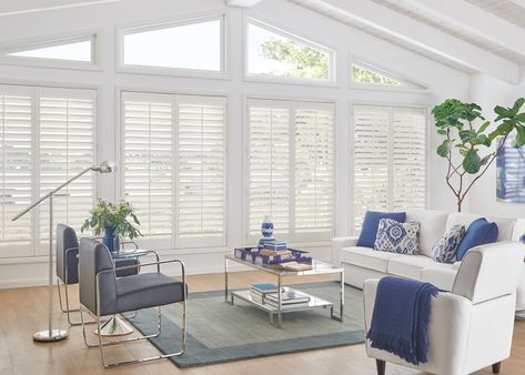 Graber 2 Panel White Wood Shutters with standard tilt rods in Great Room Custom Shutters, Wood Shutters, Window Shutters, Custom Window Treatments, Window Styles, Design Studios, Custom Windows, Shades Blinds, Spring Home