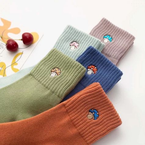 Mushroom Embroidery Socks for women Adorable gift for any occasion. Information: Size: EU 36-40, UK 3-7, US 5-9 Material: 85% cotton, 13% polyamide, 2% elastic fibre Price is for 1 pair of socks Mushroom Socks, Mushroom Embroidery, Tenis Converse, Embroidered Socks, Nerd Gifts, Sock Game, Letterbox Gifts, Cute Socks, Patterned Socks