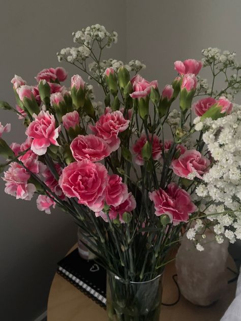 Pink Arson Aesthetic, Carnation Bouquet, White Flower Bouquet, Pretty Aesthetic, Aesthetic Roses, Boquette Flowers, Pink Carnations, Flower Shower, Carnation Flower