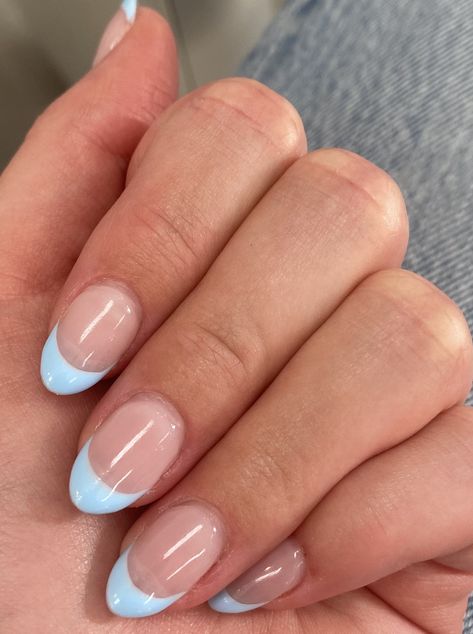 Pastel Blue French Tips, Light Blue Nail French Tip, White With Blue French Tip Nails, Blue Nails With French Tip, Blue Tipped Nails, Milk French Nails, Blue French Tip Nails Almond, Nail Designs Light Blue, Cute Gel Nails Short