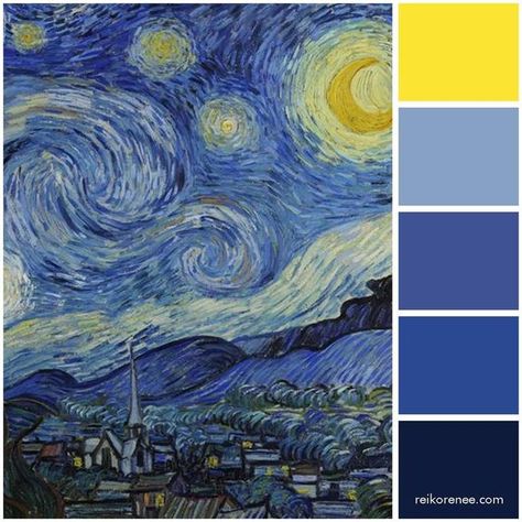 Color palette inspired by artist Vincent van Gogh’s The Starry Night, 1889 #colorpalette #colors #partycolors #events #eventprofs #eventcolors #inspiration #colorinspiration Van Gogh Paintings Color Palette, Starry Night Van Gogh Color Palette, Starry Night Pallet, Starry Night Color Pallete, Starry Night Color Scheme, Vincent Van Gogh Color Palette, Van Gogh Color Pallete, Van Gogh Colour Palette, Stary Night Color Pallete