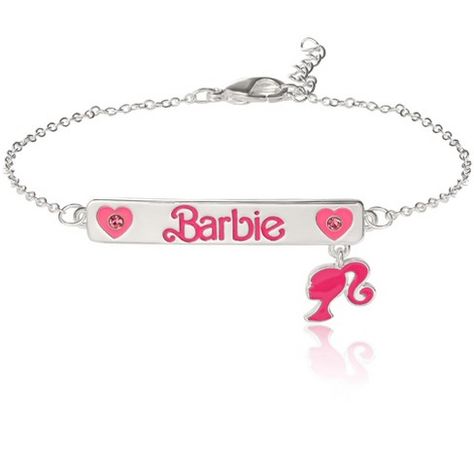 Barbie Silver Plated Bar Pink Crystal Heart Bracelet Adjustable Silver Heart Bracelet For Party, Silver Heart Bracelet For Valentine's Day Party, Trendy Silver Metal Name Bracelet, Personalized Silver Name Bracelet For Party, Trendy Personalized Silver Heart Bracelet, Trendy Personalized Pink Heart Bracelet, Pink Stainless Steel Bracelet Jewelry, Personalized Heart-shaped Party Bracelet, Elegant Personalized Pink Heart Bracelet