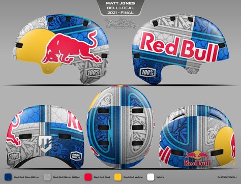 Matt Jones RedBull custom painted MTB helmet mock-up design. Graphic design, helmet art, custom paint, mountain bike, red bull athlete. Custom Mtb Helmet, Red Bull Helmet Design, Ski Helmet Design, Red Bull Helmet, Redbull Helmet, Red Bull Design, Mtb Helmet, All Mountain Bike, Paint House