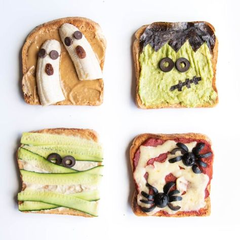 These four Halloween toast ideas are fun and healthy, perfect for little ones. Great for a spooky breakfast or lunch. A fun food activity to get the kids in the kitchen. #Halloween #HealthyHalloween Halloween Toast, Halloween Lunch Ideas, Halloween Pancakes, Halloween Morning, Halloween Snacks For Kids, Recetas Halloween, Halloween Lunch, Halloween Breakfast, Strawberry Pancakes