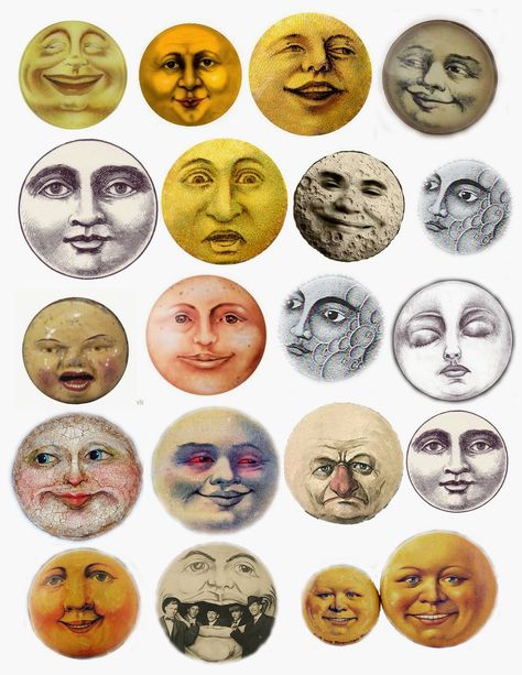 Playing With Paint: MOON FACE COLLAGE SHEET Faces Collage, Moon Faces, Kunst Inspo, Art Altéré, Face Collage, Art Du Collage, Vintage Moon, Moon Face, Arte Inspo