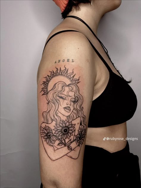 Sunflower Goddess Tattoo, Goddess Tattoos, Lion Sleeve, Sunflower Tattoo Sleeve, Goddess Tattoo, Tattoo Templates, Red Ink Tattoos, Leg Tattoos Women, Hair Tattoos