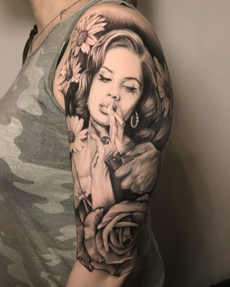 Black And Grey Portrait Tattoo, Music Artist Tattoo Ideas, Lana Del Rey Portrait Tattoo, Back Portrait Tattoo, Random Arm Tattoos, Self Portrait Tattoo, Lana Del Rey Inspired Tattoos, Black And Grey Realism Tattoo Design, Lana Del Ray Tattoo