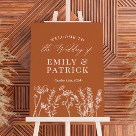 $57.45 | Wedding Welcome Burnt Orange Wildflower Sign #wedding, elegant, calligraphy, wedding sign, burnt orange, wildflower, fall wedding, wedding welcome, welcome sign, terracotta Rust Themed Wedding, Burnt Orange Dresses, Wildflower Sign, Burnt Orange Wedding Theme, Wedding Signs Welcome, Orange Wedding Theme, Orange Wedding Themes, Welcome To Our Wedding Sign, Burnt Orange Wedding