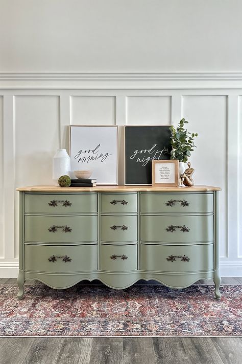 Painting a Wooden Dresser with Two Tone Finish Redo Antique Dresser, Two Tone Stained Furniture, Painted Dresser With Stained Top, Sage Green Furniture Paint, Diy Sage Green Dresser, Natural Wood And Green Dresser, Two Tone Green Dresser, Sage Painted Dresser, Diy Dresser Makeover Sage Green