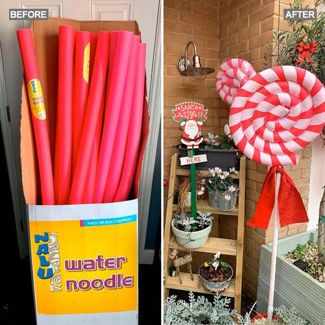 Pool Noodle Candy Cane, Giant Candy Decorations, Diy Giant Candy, Foam Pool Floats, Giant Lollipop, Lollipop Christmas, Candy Cane Lollipops, Outdoor Christmas Party, Giant Candy Cane