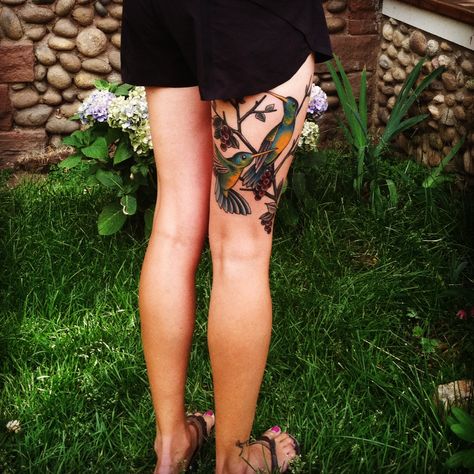 My hummingbird tattoo on hamstring. Upper Hamstring Tattoo, Hamstring Tattoo Women, Haming Bird Tattoo Design, Hamstring Tattoo, Humming Bird And Hibiscus Tattoo, Hummingbird Drinking From Flower Tattoo, Hummingbird Tattoo Embroidery, Hummingbird Tattoo, Leg Tattoos Women