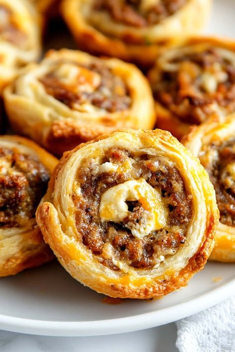 Sausage Pinwheels - Insanely Good Make Ahead Fridge Snacks, Appetizer Recipes Breakfast, Pillsbury Bake Off Recipes, Sausage Party Food, Sloppy Joe Appetizer, Brat Bites Appetizer, Breakfast Pinwheels Crescent Rolls, Quick Easy Appetizers Finger Foods, Sausage Cream Cheese Pinwheels