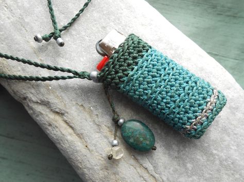 lighter holder, lighter case necklace - by manufabrica on Etsy Crochet Lighter Holder, Crochet Pot Leaf, Lighter Holder, Turquoise Gem, Bar Hopping, Necklace Crochet, Lighter Case, Lip Balm Holder, Crochet Pouch