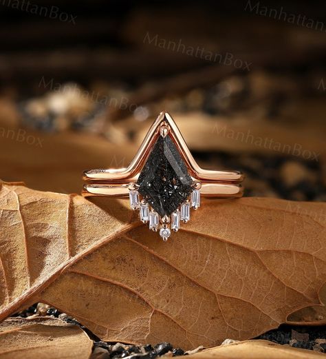 Black Rutilated Quartz Engagement Ring, Rutilated Quartz Engagement Ring, 3mm Ring, Rose Gold Bridal Set, Gold Bridal Set, Quartz Engagement Ring, Black Rutilated Quartz, Wedding Band Designs, Rutilated Quartz Ring