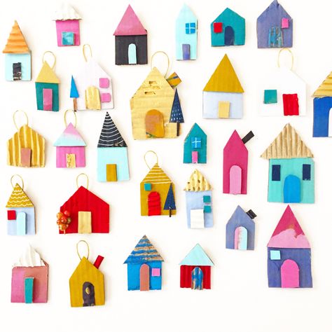 Little House Ornament — ART CAMP Mobiles Art, Bumbo, Art Camp, Cardboard House, Cardboard Art, House Ornaments, Camping Art, Cardboard Crafts, Elementary Art