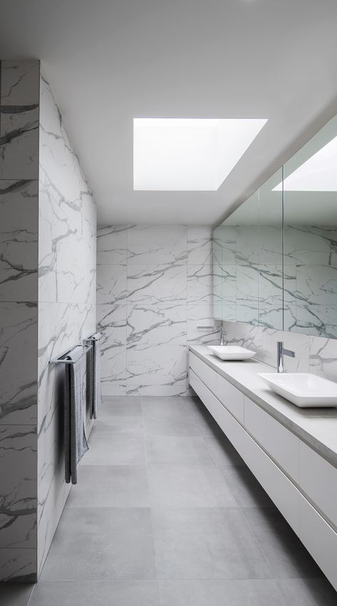 dramatic, light filled marble ensuite with ample storage for Melbourne house design by C.Kairouz Architects & interior designers Vanity Mirror Cupboard, Mirror Cupboards, Dramatic Bathroom, Straight Staircase, Mirror Cupboard, Grey Marble Bathroom, White Spaces, White Interior Design, Quiet Corner