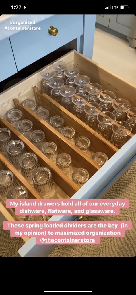 Glass Storage In Drawers, Drinking Glass Storage Ideas, Drinking Glasses In Drawers, Storing Wine Glasses In Drawers, Kitchen Drawer Glass Organizer, Kitchen Glassware Organization, Wine Glass Drawer Storage, Glassware In Drawers, Drawer Cup Storage