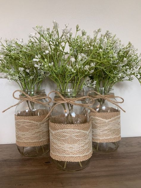 Wedding Farmhouse Table Decor, Fairy Lights And Flowers, Wedding Farmhouse Table, Jar Centerpiece Wedding, Lace Mason Jars, Wedding Farmhouse, Wedding Centerpieces Mason Jars, Burlap Mason Jars, Mason Jar Decor