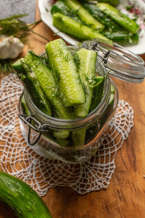 Marinated Cucumbers are a summer favorite side dish using garden-fresh cucumbers, lots of fresh dill, and garlic! These crunchy cucumber spears are best for fresh eating and make fantastic lightly pickled refrigerator pickles that will last for days! Serve as an everyday side or upcoming BBQ's and potlucks! Pickle Brine Recipe, Pickle Photography, Refrigerator Dill Pickles, Quick Pickle Recipe, Pickle Brine, Refrigerator Pickles Dill, Easy Pickling Recipes, Homemade Pickles Dill, Dill Pickle Recipe