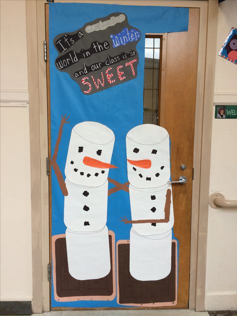 Marshmallow snowman s'mores made from paper. Marshmallow Bulletin Board, Smore Themed Classroom Door, Snowman Themed Classroom Door, S’more Bulletin Board Ideas, Snow Much Fun Classroom Door, Snowman Bulletin Board, Diy Door Decor, Marshmallow Snowman, Christmas Door Decorating Contest