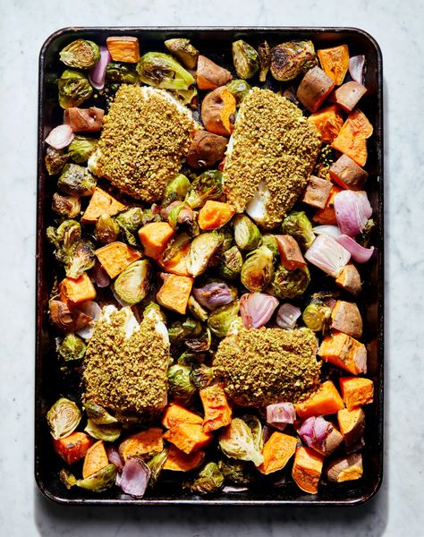 Sheet Pan Pistachio-Crusted Cod with Fall Vegetables | Kitchn Fall Sheet Pan, Crusted Cod, Easy Fall Dinners, Easy Sheet Pan Dinners, Sheet Pan Suppers, Fall Vegetables, Cod Recipes, Pescatarian Recipes, Food Props