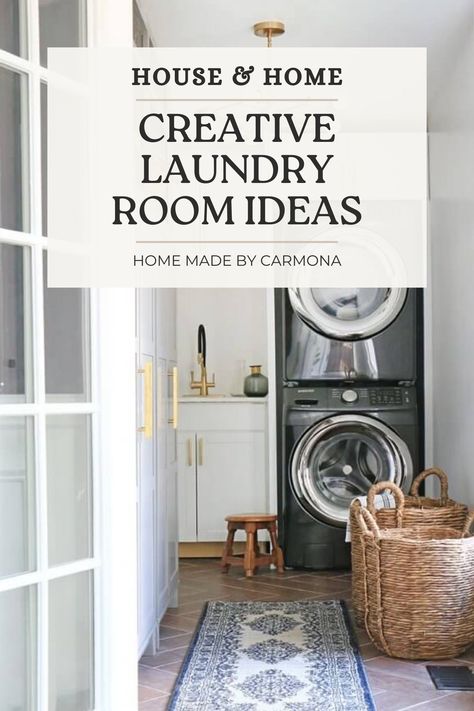 We may hate doing laundry, but these smart laundry room design solutions might just win us over! From smart laundry room layouts, to must-have design features, and the perfect organizing hacks | Home Made by Carmona New Build Laundry Room Ideas, Laundry Room No Sink, Scandinavian Laundry Room Ideas, Laundry Room Design With Stackable Washer And Dryer, Mud Room Laundry Room Combo Entry Ways, Stack Washer And Dryer Laundry Room, L Shape Laundry Room, Laundry Room With Fridge, Laundry Room Size Layout