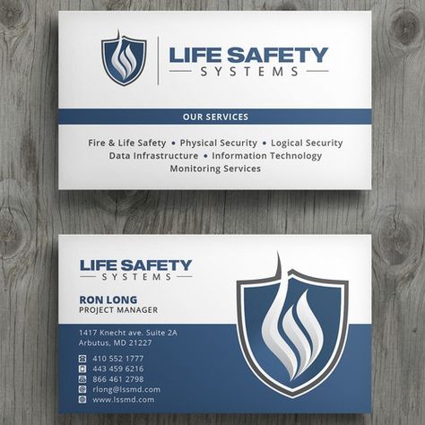 Business card template - life safety systems | Business card contest | 99designs Service Card Design, Security Business Card, Calling Card Design Layout, Company Business Card Design, Masculine Business Cards, Business Calling Card, Calling Card Design, Company Card, Stationery Business Card