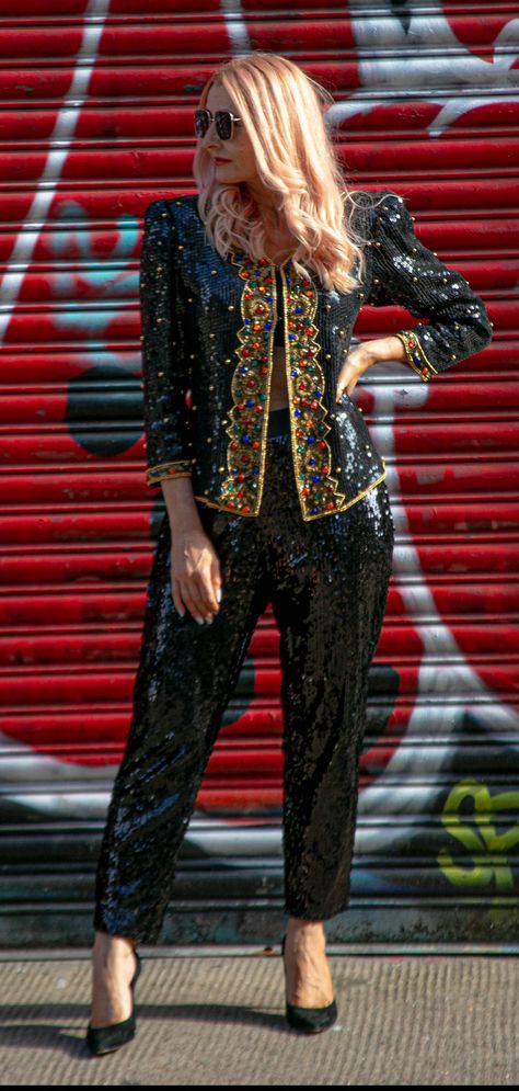 80s Sequin Fashion, Vintage Beaded Jacket Outfit, Vintage Sequined Outerwear For Festive Season, Vintage Sequin Top Outfit, Sequin Blazer Outfit, Vintage Sequined Formal Outerwear, Sequins Top Outfit, Vintage Sequin Top, Vintage Sequin Fitted Outerwear