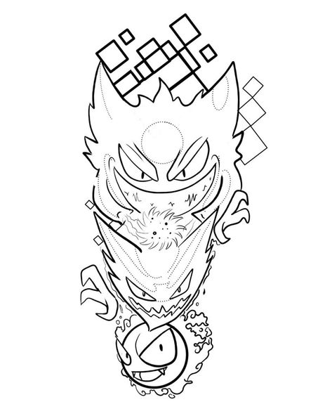 Gengar Tattoo Stencil, Gengar Tattoo Design, Dragon Vector Art, Pokemon Tattoo Design, Gengar Tattoo, Scary Coloring Pages, Evolution Tattoo, Pikachu Tattoo, Ghost Type Pokemon