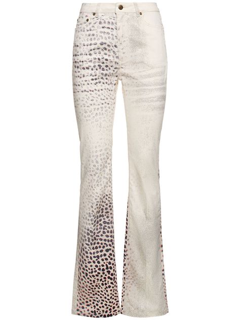 Front button and concealed zip closure. Belt loops. All over print placement may vary. Five pockets. Model is wearing a size38 Roberto Cavalli Outfits, Roberto Cavalli Pants, Roberto Cavalli Jeans, Stylist Closet, Luxury Clothes, Shades Of Beige, Tumblr Fashion, Printed Jeans, Print Placement