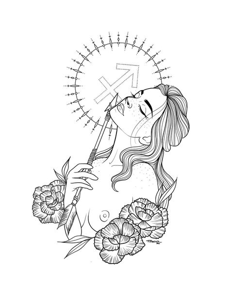 Creative Sagittarius Tattoos, Woman Sagittarius Tattoo, Sagittarius Line Art, Sagittarius Woman Tattoo, Sagittarius Coloring Pages, Sagittarius Drawing Art, Sagittarius Tattoos For Women, Zodiac Tattoos Sagittarius, Sagittarius Tattoo Designs For Women