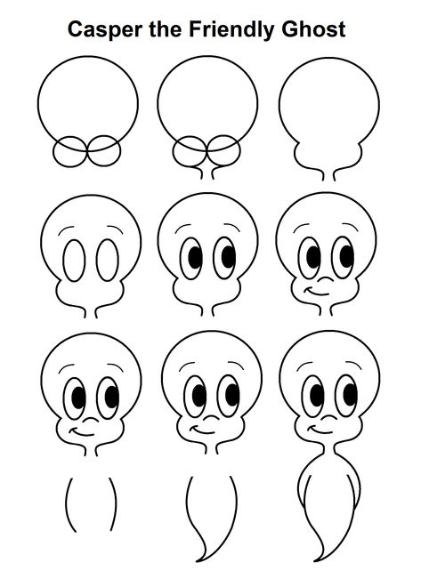 Step-by-step tutorial to draw Casper the Friendly Ghost Casper The Ghost Drawings, Casper The Friendly Ghost Nail Art, Casper The Friendly Ghost Drawing, Halloween Cartoon Drawings Easy, Spooky Drawings Easy Step By Step, How To Draw Ghost Face, Ghostface Drawing Easy Step By Step, Casper Nail Art, Step By Step Halloween Drawing