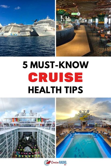 A collection of cruise ship scenes including a docked ship, a buffet, a central ship deck with decorations, and a pool deck at sunset. Cruise Ship Vacation, Tips To Stay Healthy, Cruise Trip, Ways To Stay Healthy, Cruise Destinations, And July, Cruise Tips, Shore Excursions, Cruise Travel