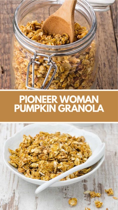 Pioneer Woman Pumpkin Granola recipe is made with rolled oats, sliced almonds, pistachios, unsweetened flaked coconut, pumpkin puree, olive oil, maple syrup, salt, and cinnamon. Prep time is 10 minutes, baking time is 45 minutes, and it serves 12. Pumpkin Spice Granola Pioneer Woman, Pioneer Woman Breakfast, Pumpkin Granola Recipe, Pumpkin Granola, Pumpkin Spice Granola, Cinnamon Almonds, Pioneer Woman, Granola Recipes, Rolled Oats