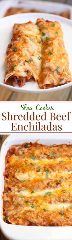 Slow Cooker Shredded Beef Enchiladas -- tender shredded beef cooked in a simple homemade enchilada sauce. Layered in tortillas, topped with cheese and bake until bubbly! You'll never use canned enchilada sauce again! | Tastes Better From Scratch Shredded Beef Enchiladas, Slow Cooker Shredded Beef, Homemade Enchilada Sauce, Homemade Enchiladas, Cheese Baked, Beef Enchiladas, Shredded Beef, Enchilada Recipes, Crock Pot Cooking