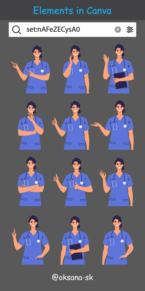 set:nAFeZECysA0 Elements in Canva. Characters, Nurse, Woman, Gesturing, Different Poses, Vector, Illustration, Portrait, Medicine, People. Canva Characters, Nurse Character Design, Canva Aesthetic Font, Nurse Character, Elements In Canva, Font Canva Lettering, Keyword Elements Canva, Desain Buklet, Graphic Design Infographic