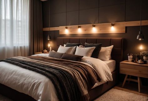 What Color Bedding Goes with Dark Brown Furniture: Ideal Hue Combinations 11 Dark Brown Bed Frame, Gray And Brown Bedroom Ideas, Dark Brown Bedroom Walls, Dark Wood Headboard Bedroom, Black And Brown Bedroom, Chocolate Brown Bedrooms, Brown Bedroom Walls, Brown Bedrooms, Brown Wood Bed