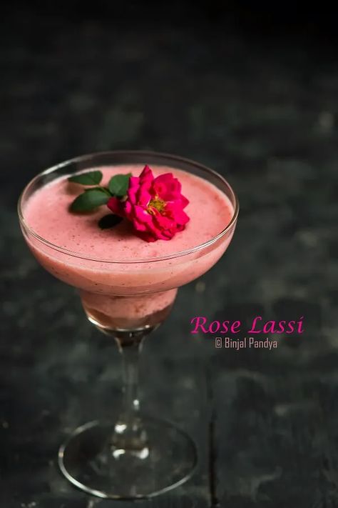 Spiced Rose Lassi Recipe (Indian Yogurt Drink) - Binjal's VEG Kitchen Rose Lassi, Indian Yogurt, Flavored Yogurt, Lassi Recipe, Rose Syrup, Yogurt Drink, Lassi Recipes, Kid Friendly Drinks, Rose Flavored