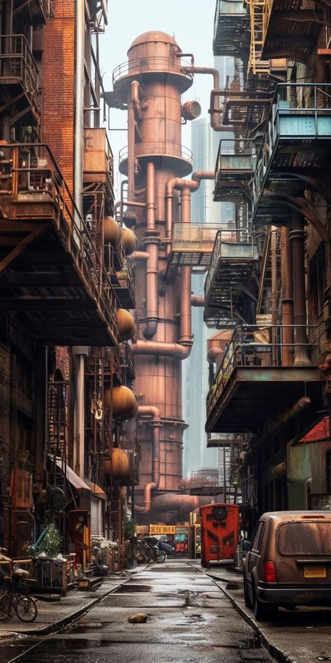 Futuristic Industrial City, Sci Fi Industrial City, Junk Town Concept Art, Industrial City Concept Art, Diesel Punk City, Industrial Dystopia, Biopunk City, Steam Punk City, Cyberpunk Architecture