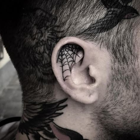 The Most Popular Ear Tattoos Designs for Men Inner Ear Tattoo Men, Side Ear Tattoo For Men, Web Ear Tattoo, Inside Ear Tattoos Men, Inner Ear Tattoos For Men, Mens Ear Tattoo, Spiderweb Ear Tattoo, Back Ear Tattoo Men Guys, Ear Tattoos For Men