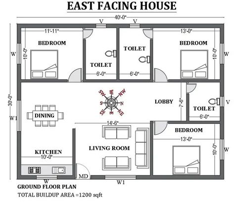 40’x30’ East facing house plan design as per vastu shastra is given in this FREE 2D Autocad drawing file. Download now. - Cadbull Vastu Shastra Home Plan East Facing, 1200sq Ft House Plans Modern, 3bhk House Plan 30*40, 3 Bhk House Plan Indian Vastu East Facing, Vastu House East Facing, 30×40 Home Design, East Face House Plans Vastu, 40×40 House Plans, 30x40 House Plans East Facing With Vastu