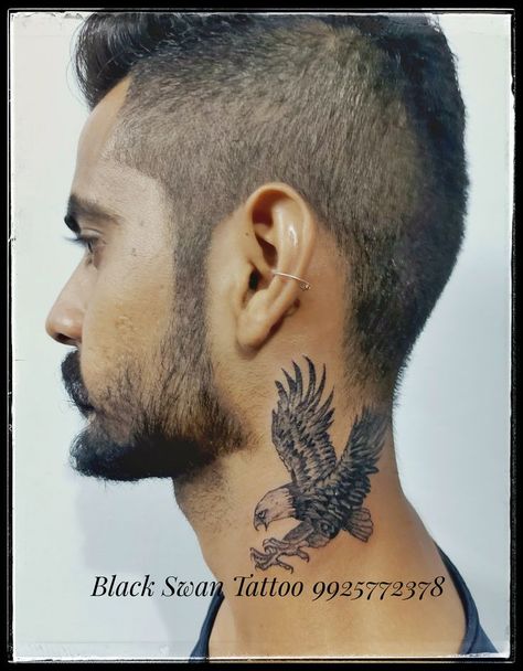 Blackswan tattoo deesa gujarat Call me: +91 9925772378 Eagle Throat Tattoo Men, Eagle Tattoo Neck, Eagle Behind Ear Tattoo, Eagle Tattoo On Neck Men, Back Neck Eagle Tattoo, Eagle Face Tattoo, Flying Eagle Tattoo, Eagle Neck Tattoo, Flying Eagle