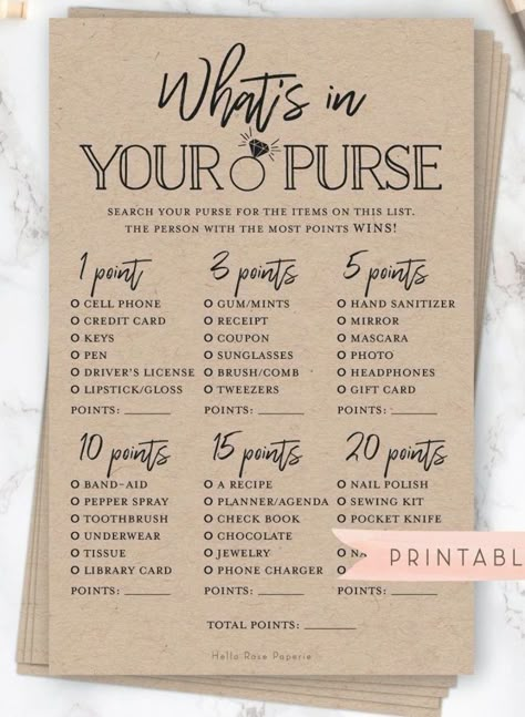 Purse Game Printable, Fun Wedding Decor, Fun Bridal Shower Games, Purse Game, Wedding Ceremony Ideas, Bridal Shower Planning, Whats In Your Purse, Printable Bridal Shower Games, Wedding Shower Games