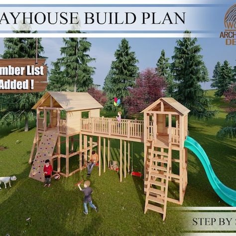 Treehouse Plans Layout, Playground Blueprints, Diy Playground Plans, Play Structure Plans, Diy Playground Backyard, Playhouse Plans Free, Castle Playhouse Plans, Playground Plans, Playset Plans