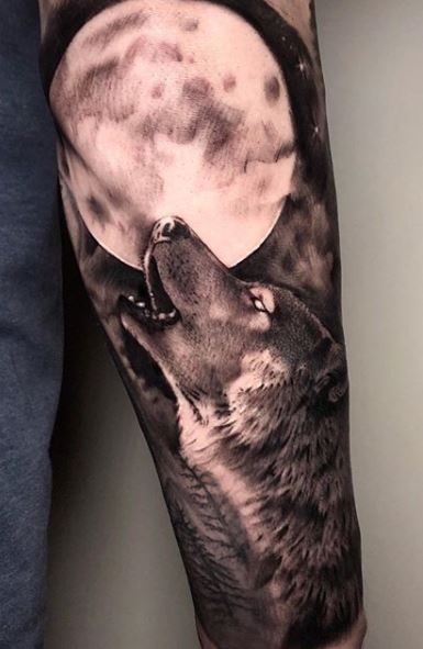 Wolf And Moon Tattoo Men, Wolf Scene Tattoo, Wolf Forearm Tattoo For Men, Wolf Howling At The Moon Tattoo, Wolf Howling Tattoo, Wolf Tattos, White Wolf Tattoo, Celtic Wolf Tattoo, Wolf And Moon Tattoo