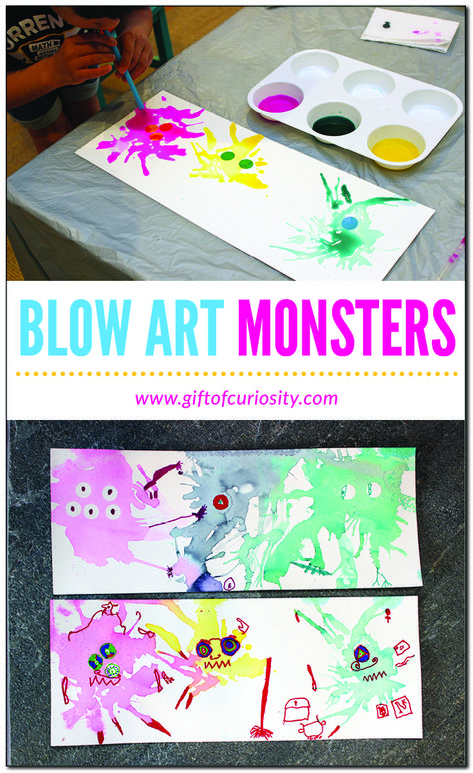 Blow Art Monsters: a fun, multi-media, process-oriented, engaging art activity for kids | #artsandcrafts #giftofcuriosity #preschool #kindergarten || Gift of Curiosity Blow Art, Art Activity For Kids, Creative Art Activities, Baldis Basics, Summer Art Projects, Preschool Art Activities, Art Activity, Tripod Stand, Kindergarten Art