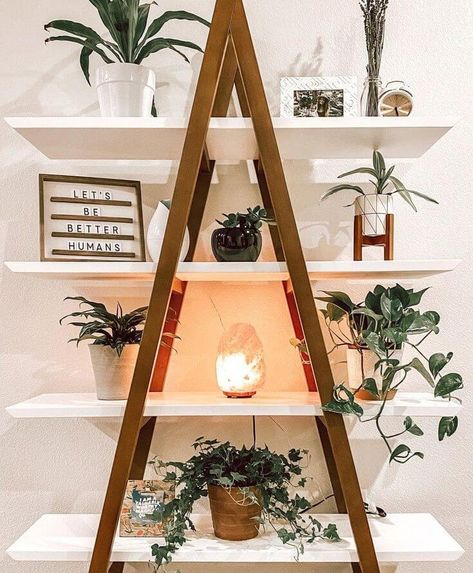 30 Creative Shelves That Are Easily Do-It-Yourself - 210 Ladder Shelf Decor, Mid Century Modern Bookshelf, Ladder Shelf Diy, Walnut Shelf, Article Furniture, Walnut Shelves, Salon Suites, Diy Furniture Bedroom, Diy Plant Stand