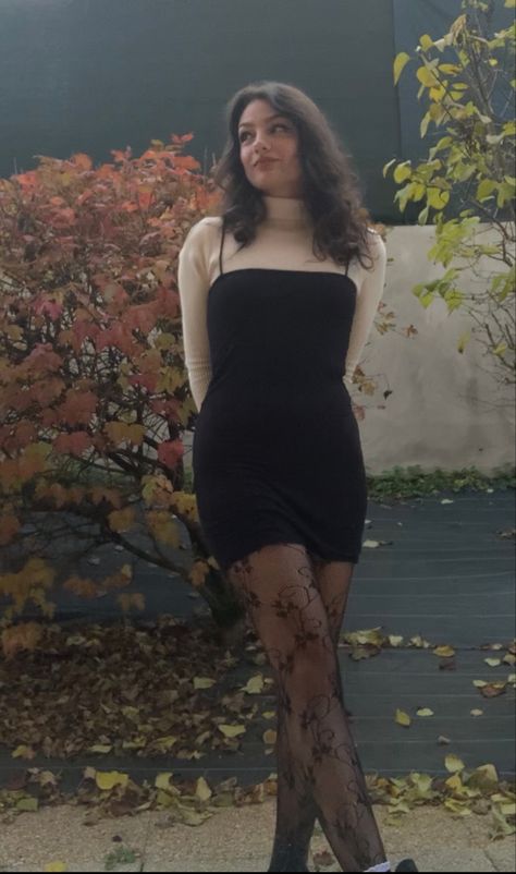 Strap Dress With Turtleneck, Winter Dress And Tights Outfit, Slip Dress With Stockings Outfit, Turtleneck And Slip Dress, White Turtleneck Under Dress, Turtleneck Outfit Dress, Black Dress Winter Outfit Tights, Black Dress With Turtle Neck Under, Turtle Neck With Dress Outfit