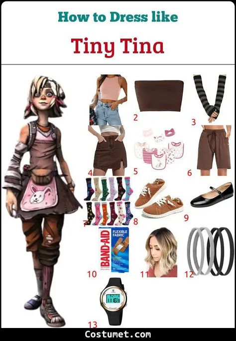 Tiny Tina's Costume from Borderlands for Cosplay & Halloween 2023 Tiny Tina Cosplay, Brown Tube Top, Borderlands Cosplay, Bright Pink Hair, Tiny Tina, Punk Inspiration, Brown Skirt, Halloween 2023, Black Headband